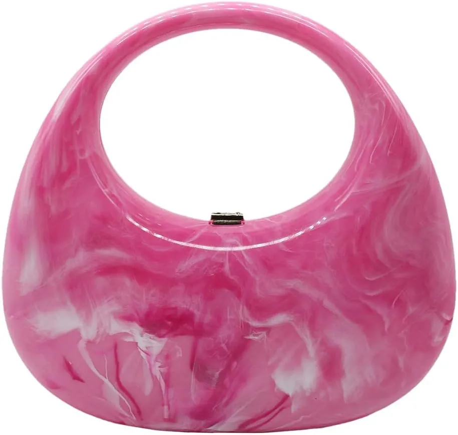 Acrylic Evening Clutch Purse Top-handle Moon Hobo Bag, Elegant Marble Handbag for Wedding Cocktail Party