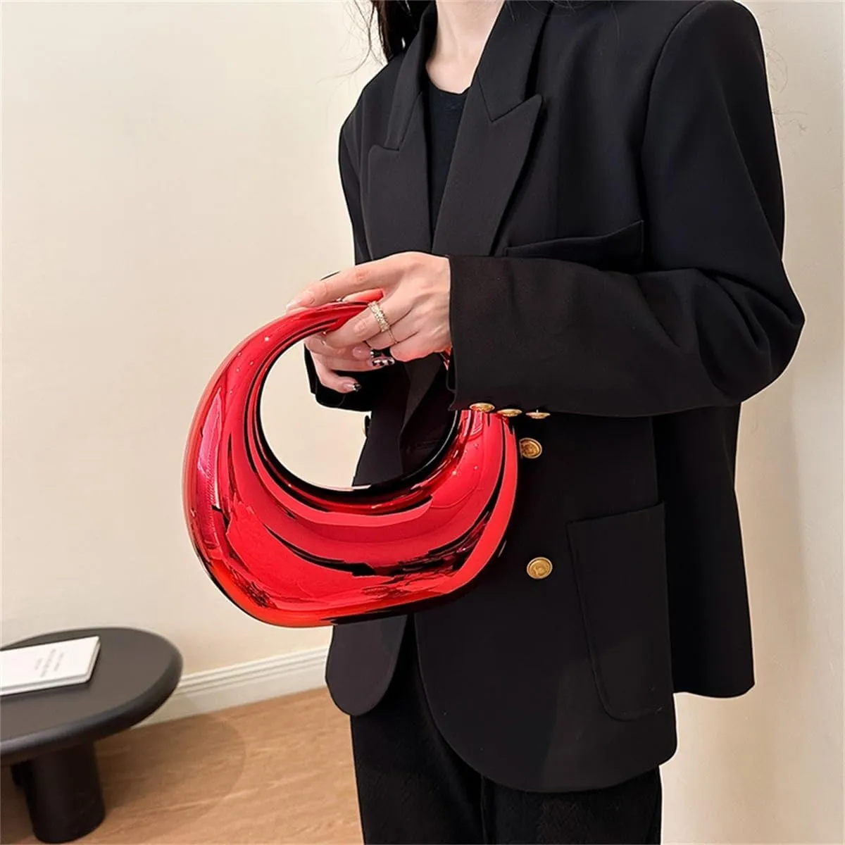 Acrylic Evening Clutch Purse Top-handle Moon Hobo Bag, Elegant Marble Handbag for Wedding Cocktail Party