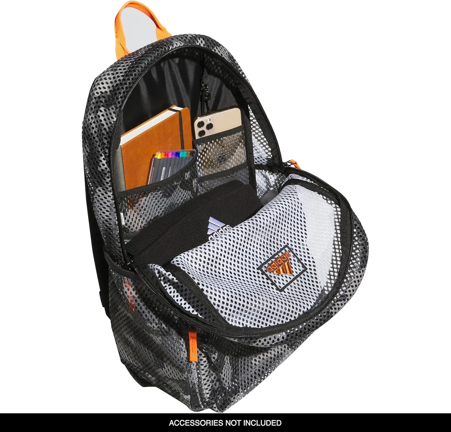 adidas Hermosa Mesh Backpack, See-Through Transparent Clear Festival Bag, Camouflage Carbon/Impact Orange/Black/2.0, One Size