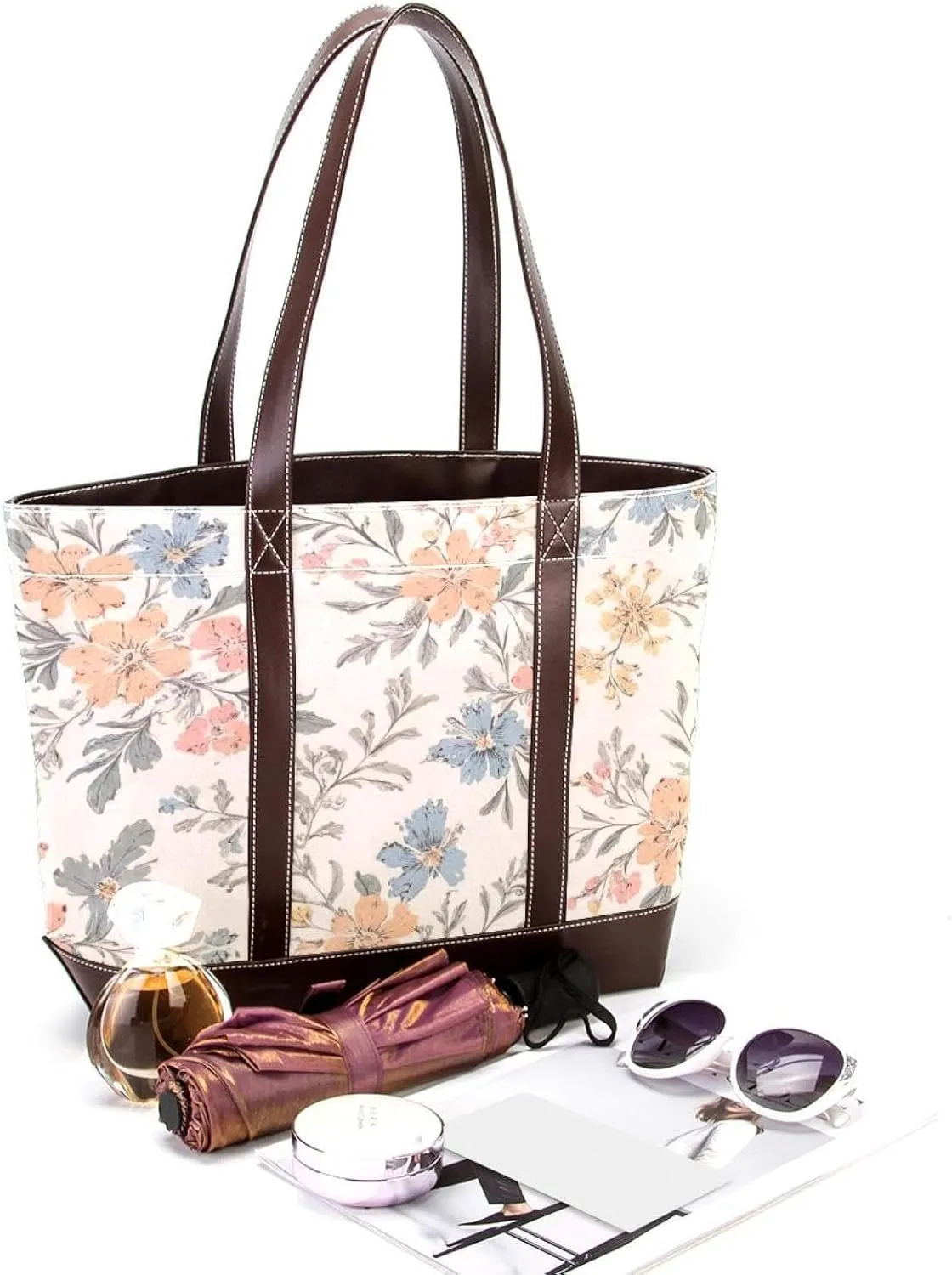 Aesthetic Art Flower Tote Bags Durable Leather Canvas Purses and Handbags for Women