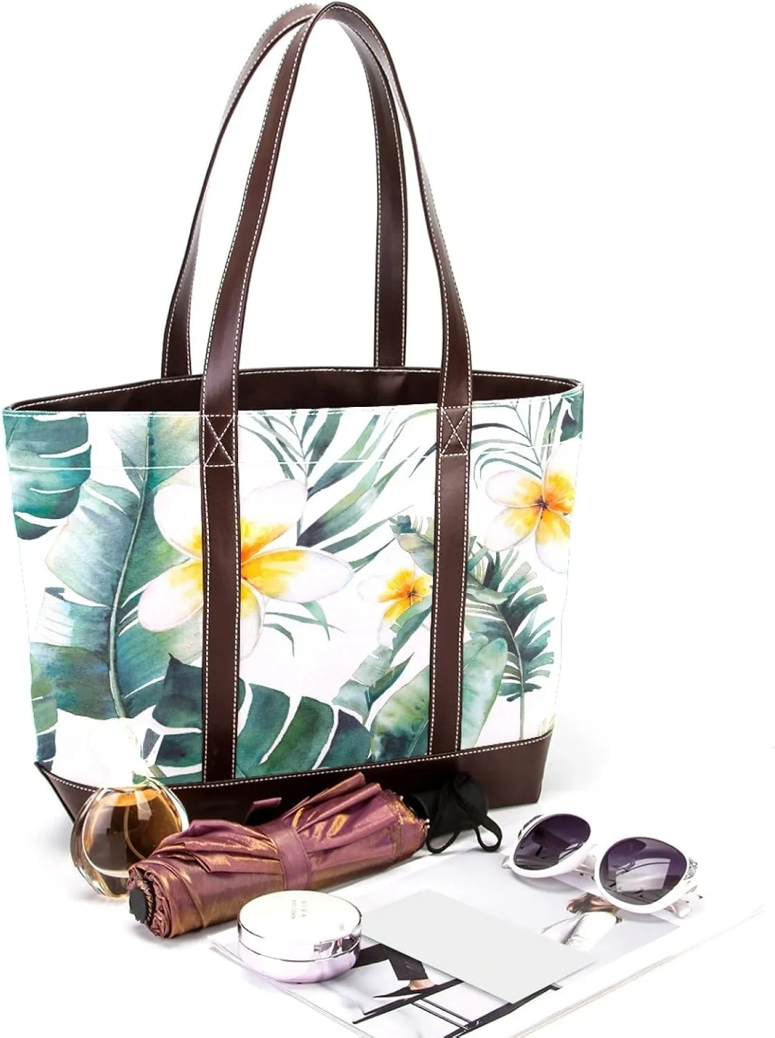 Aesthetic Flowers Leaves Fashion Leather Purse Bag for Women Top Handle Ladies Shoulder Bags with Pockets Zipper