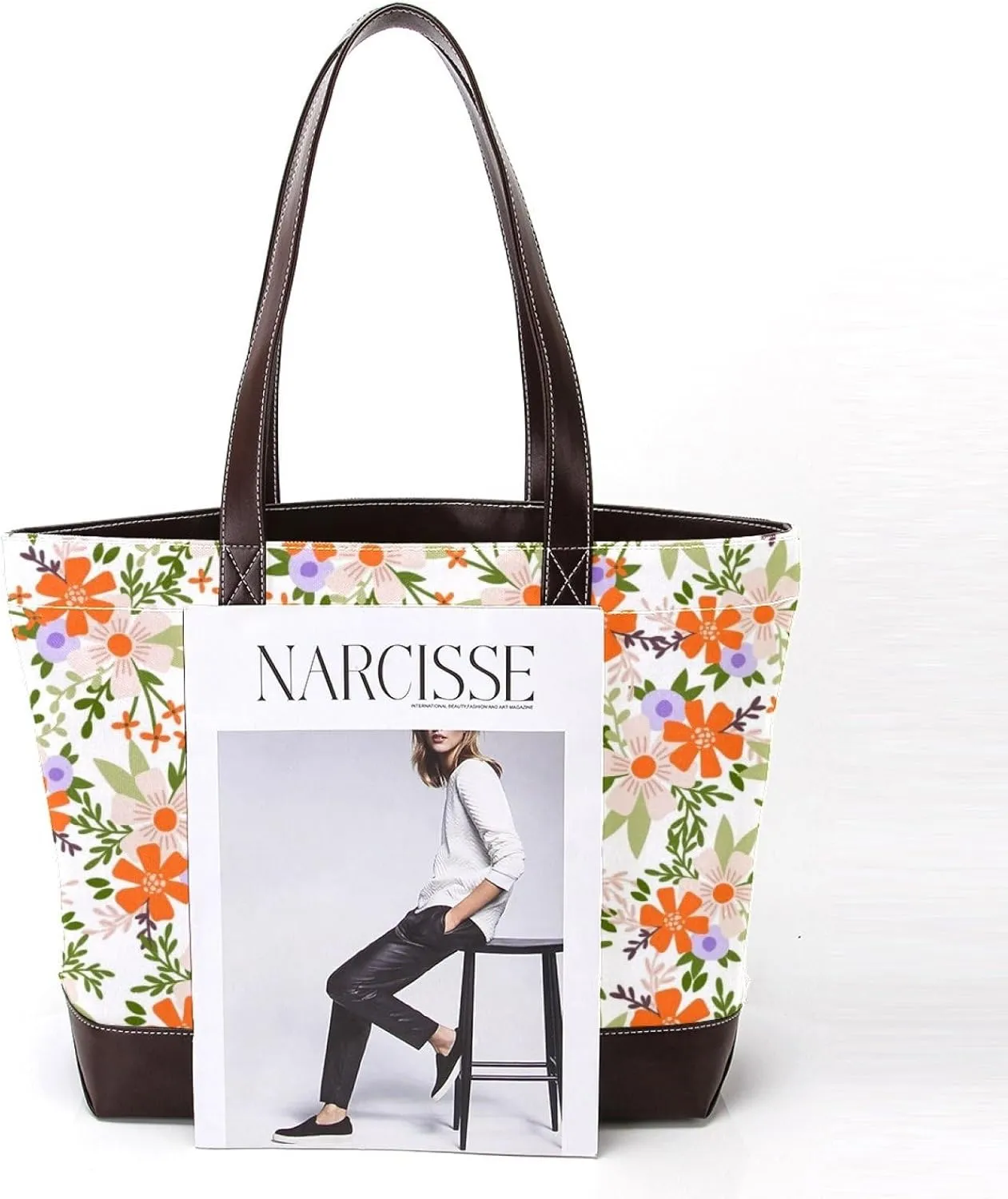 Aesthetic Flowers Leaves Fashion Leather Purse Bag for Women Top Handle Ladies Shoulder Bags with Pockets Zipper