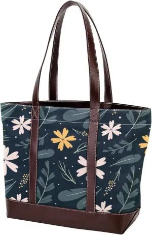 Aesthetic Flowers Leaves Fashion Leather Purse Bag for Women Top Handle Ladies Shoulder Bags with Pockets Zipper