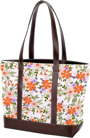 Aesthetic Flowers Leaves Fashion Leather Purse Bag for Women Top Handle Ladies Shoulder Bags with Pockets Zipper
