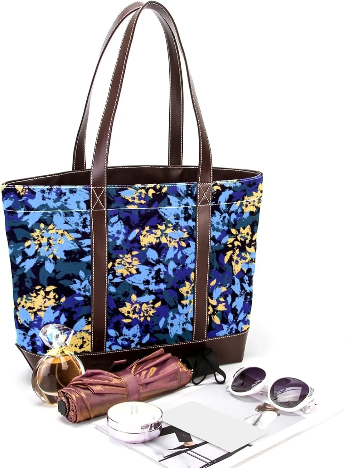 Aesthetic Flowers Leaves Fashion Leather Purse Bag for Women Top Handle Ladies Shoulder Bags with Pockets Zipper