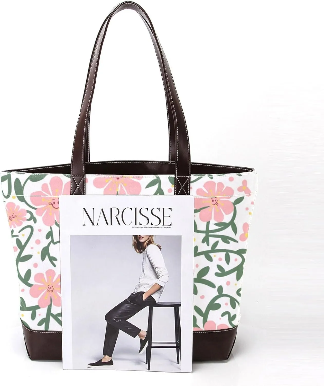 Aesthetic Flowers Leaves Fashion Leather Purse Bag for Women Top Handle Ladies Shoulder Bags with Pockets Zipper