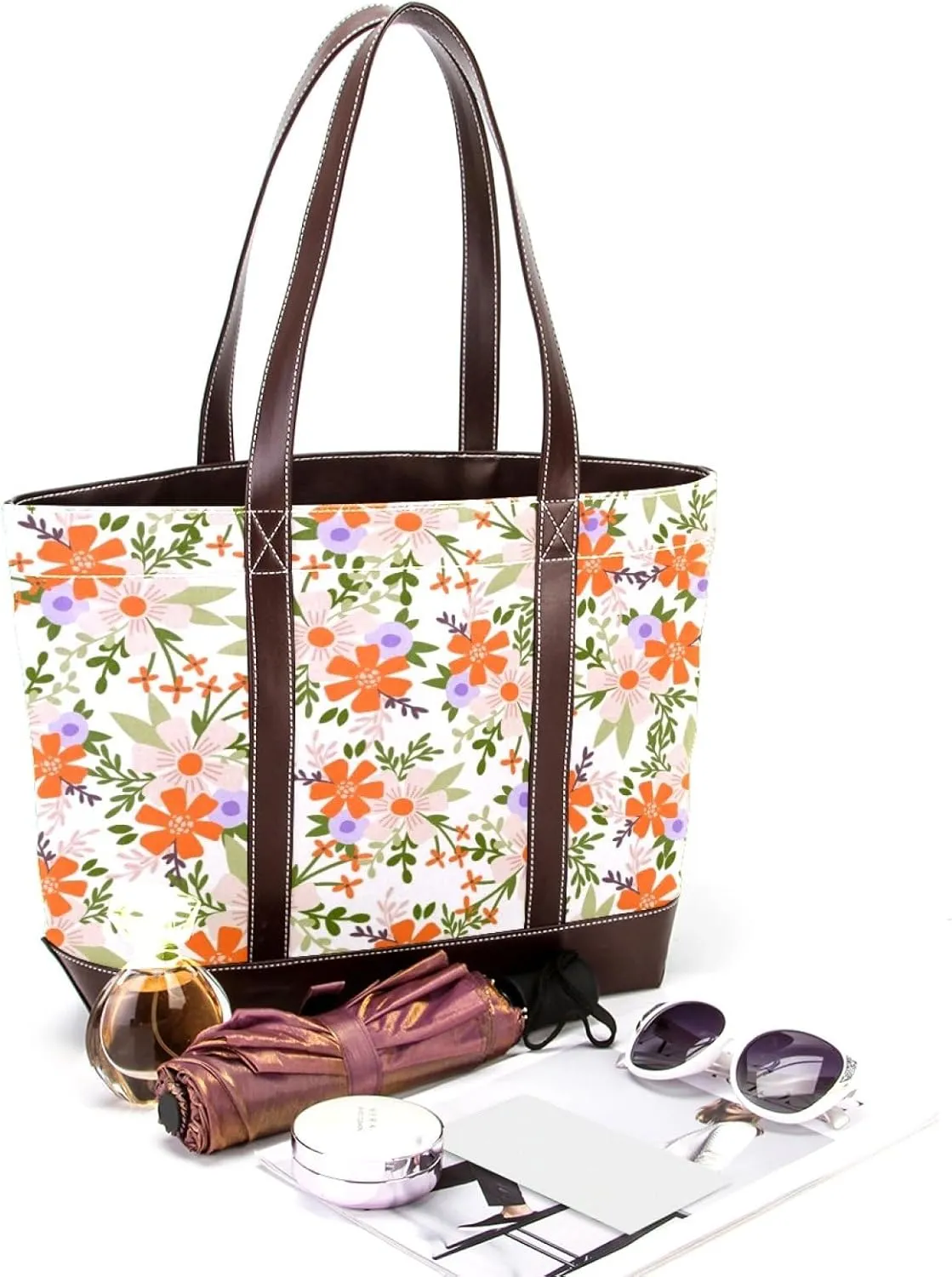 Aesthetic Flowers Leaves Fashion Leather Purse Bag for Women Top Handle Ladies Shoulder Bags with Pockets Zipper