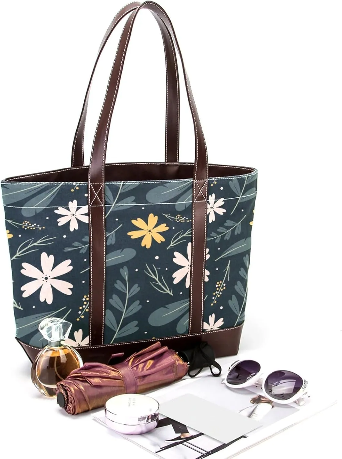 Aesthetic Flowers Leaves Fashion Leather Purse Bag for Women Top Handle Ladies Shoulder Bags with Pockets Zipper