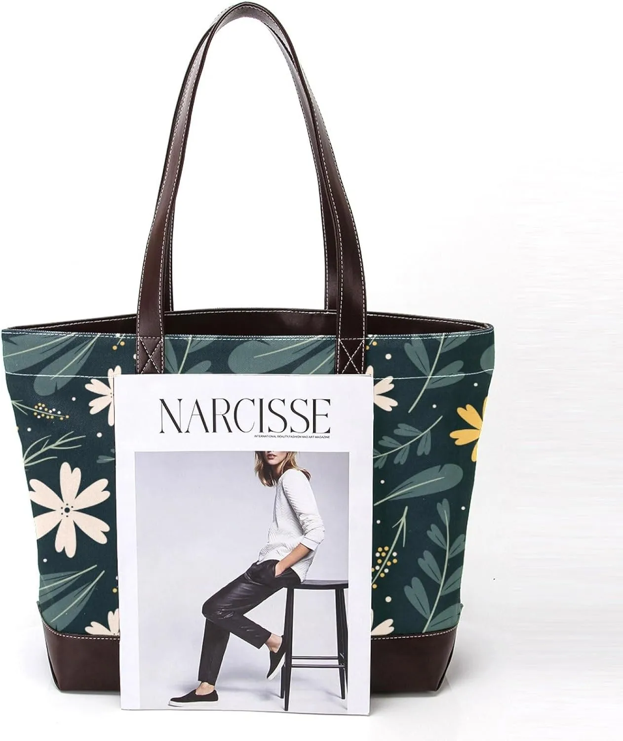 Aesthetic Flowers Leaves Fashion Leather Purse Bag for Women Top Handle Ladies Shoulder Bags with Pockets Zipper