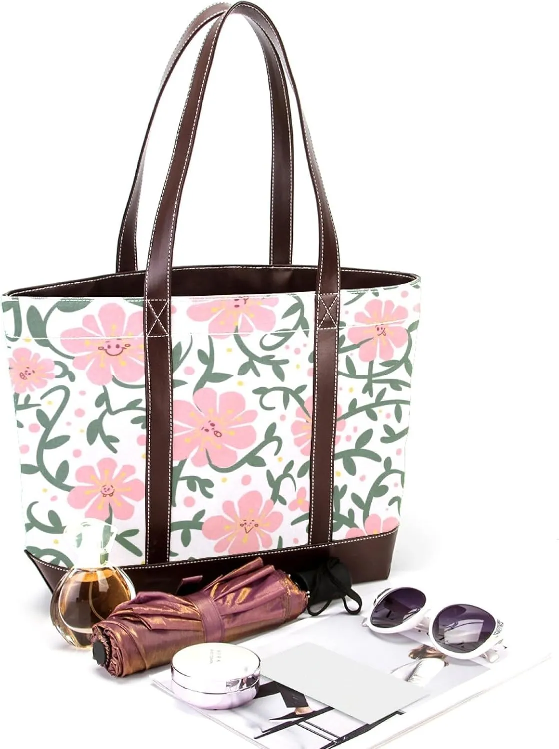 Aesthetic Flowers Leaves Fashion Leather Purse Bag for Women Top Handle Ladies Shoulder Bags with Pockets Zipper