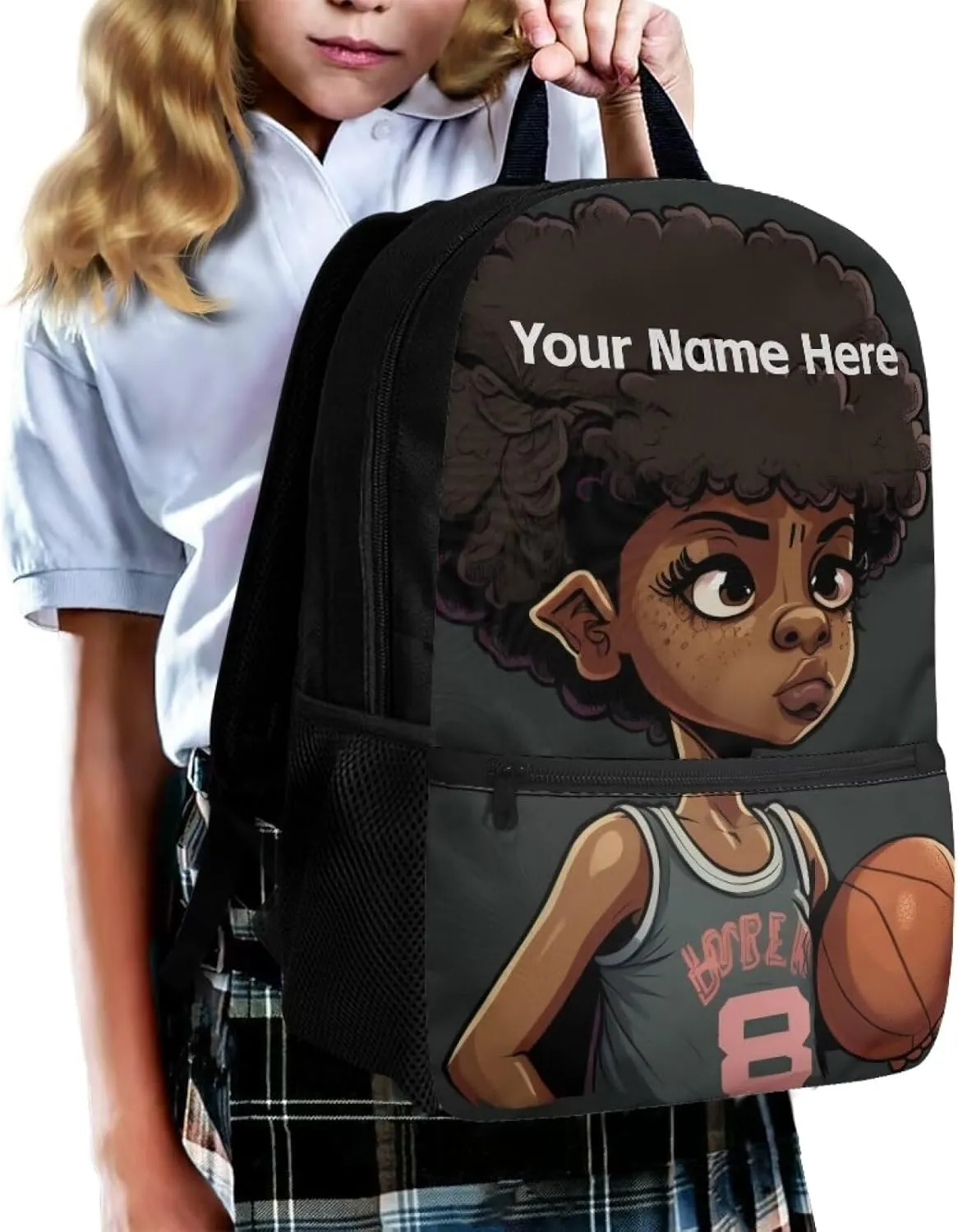 African Custom Name Backpack for Boys 8-12 Personalized School Bag Basketball Bookbag for School 3rd Grade/6th Grade Afro Black Boy Book Bags 17inch Student Schoolbag With Side Pockets
