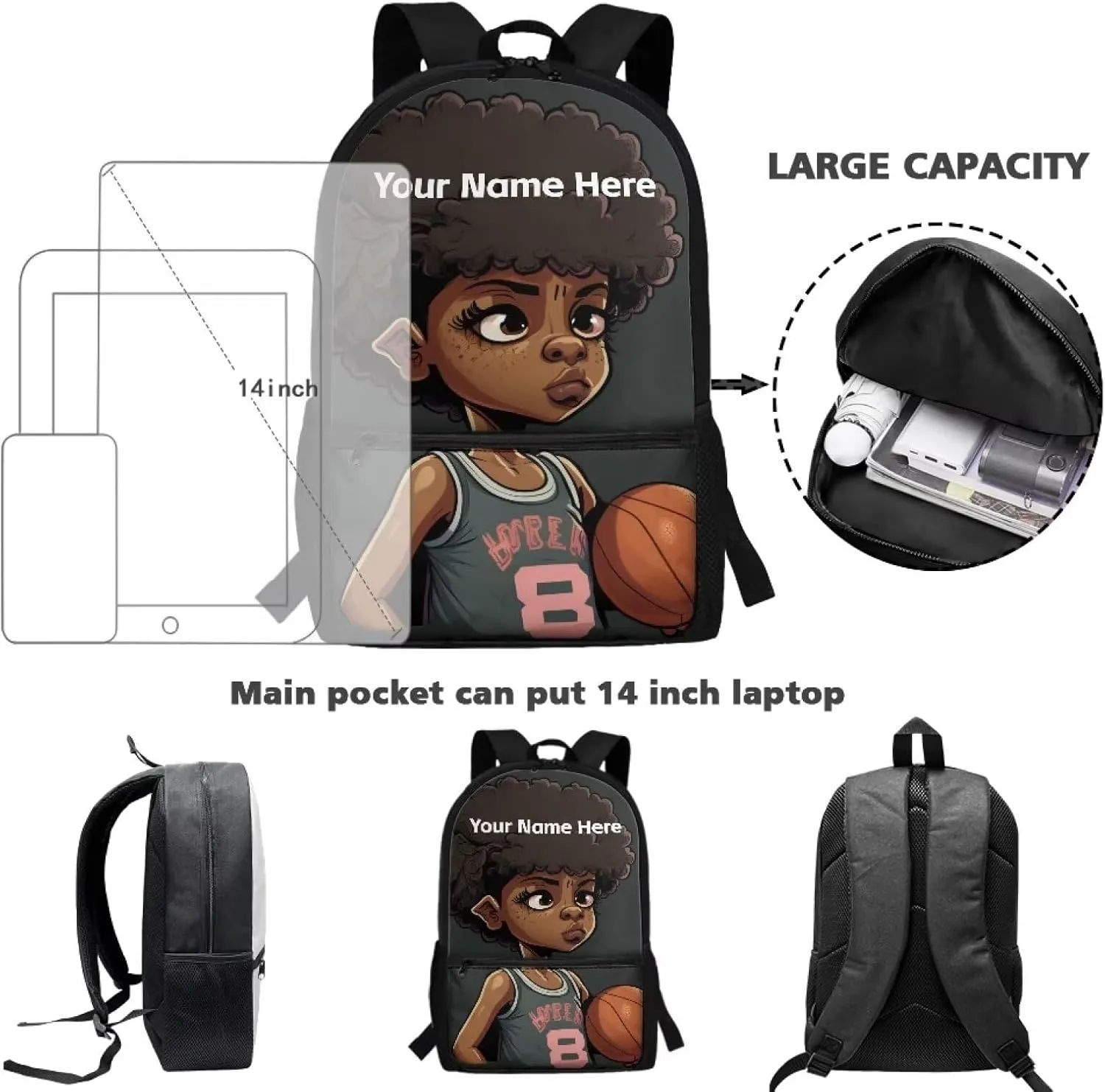 African Custom Name Backpack for Boys 8-12 Personalized School Bag Basketball Bookbag for School 3rd Grade/6th Grade Afro Black Boy Book Bags 17inch Student Schoolbag With Side Pockets