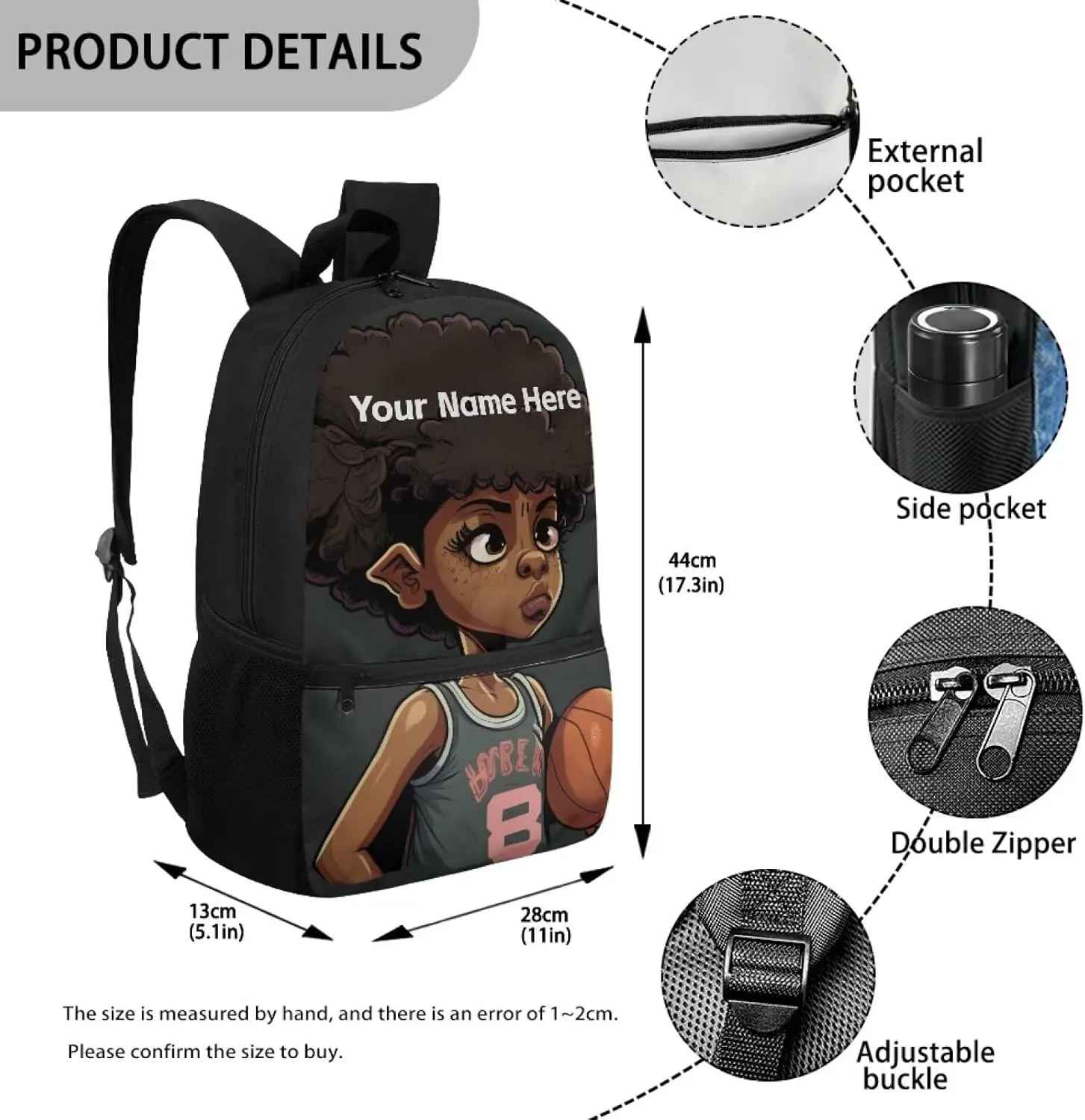 African Custom Name Backpack for Boys 8-12 Personalized School Bag Basketball Bookbag for School 3rd Grade/6th Grade Afro Black Boy Book Bags 17inch Student Schoolbag With Side Pockets