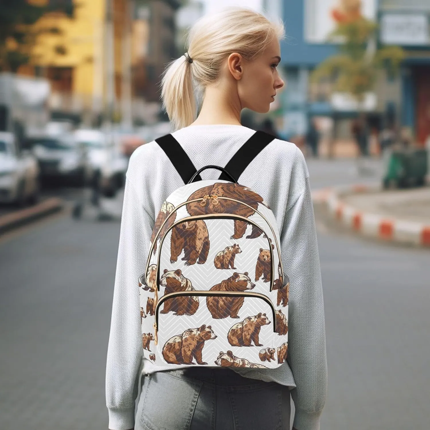 ALAZA Women Mini Backpack Purse Bag Lightweight Casual Daily Travel Backpack Cute Grizzly Bears Back Pack Fashion Multipurpose Shoulder Bag