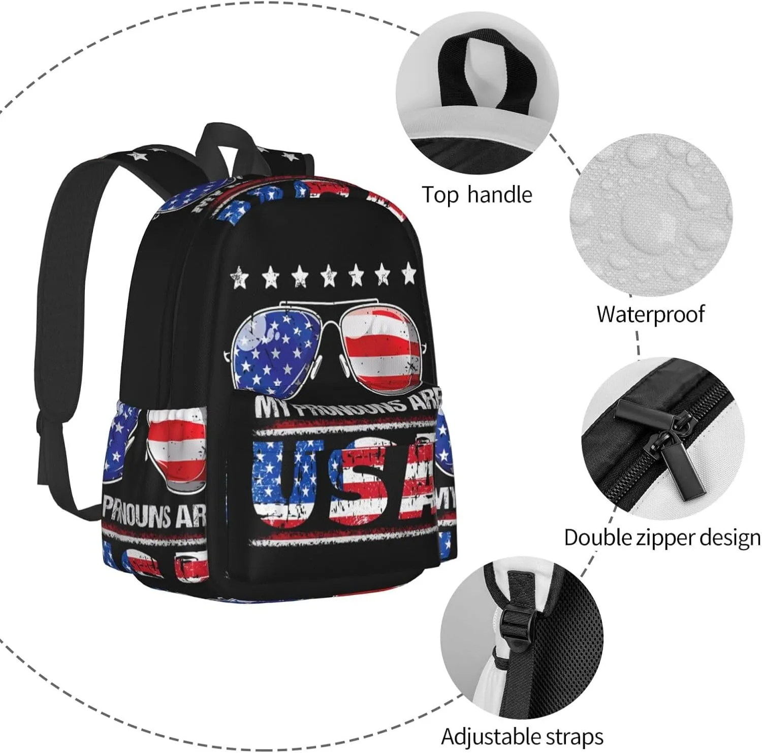 America Independence Day 1776 American Flag My Pronouns Are Usa Laptop Backpack Shoulder Bag Laptop Pack Travel Backpacks Commuter Back Pack Casual Daypack Bags With Side Pockets