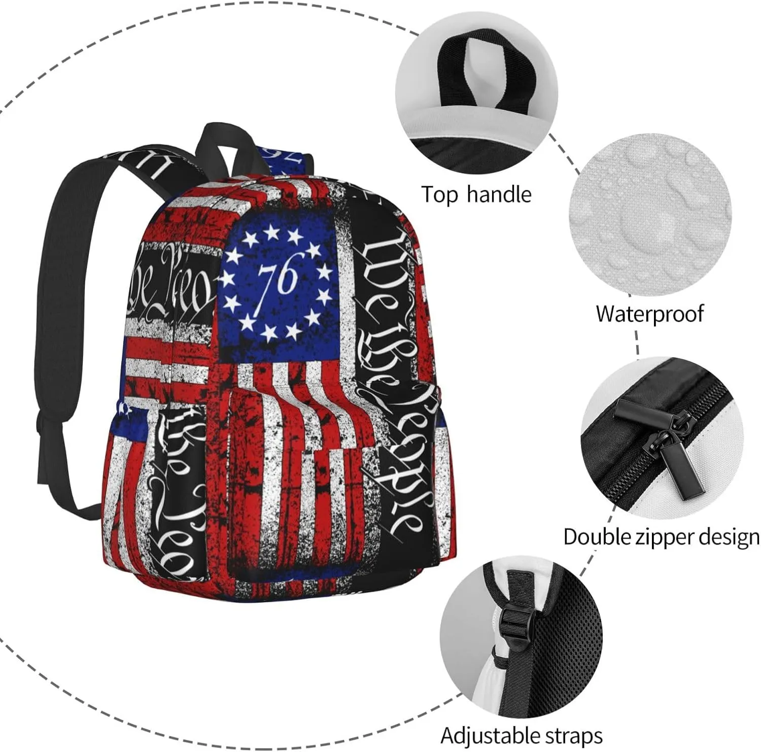 America Independence Day 1776 American Flag We The People Laptop Backpack Shoulder Bag Laptop Pack Travel Backpacks Commuter Back Pack Casual Daypack Bags With Side Pockets