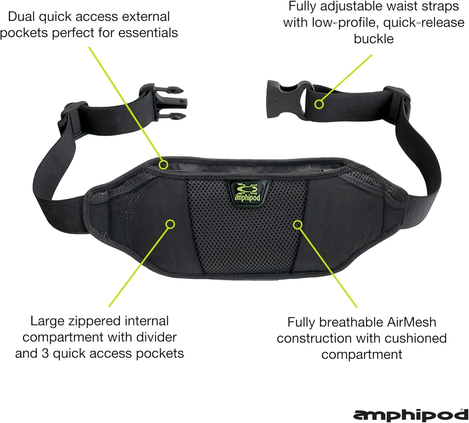 Amphipod AirFlow Endurance Waistpack, Bounce Free Runners Storage Fanny Pack Waist Bag for Running, Jogging, Men & Women