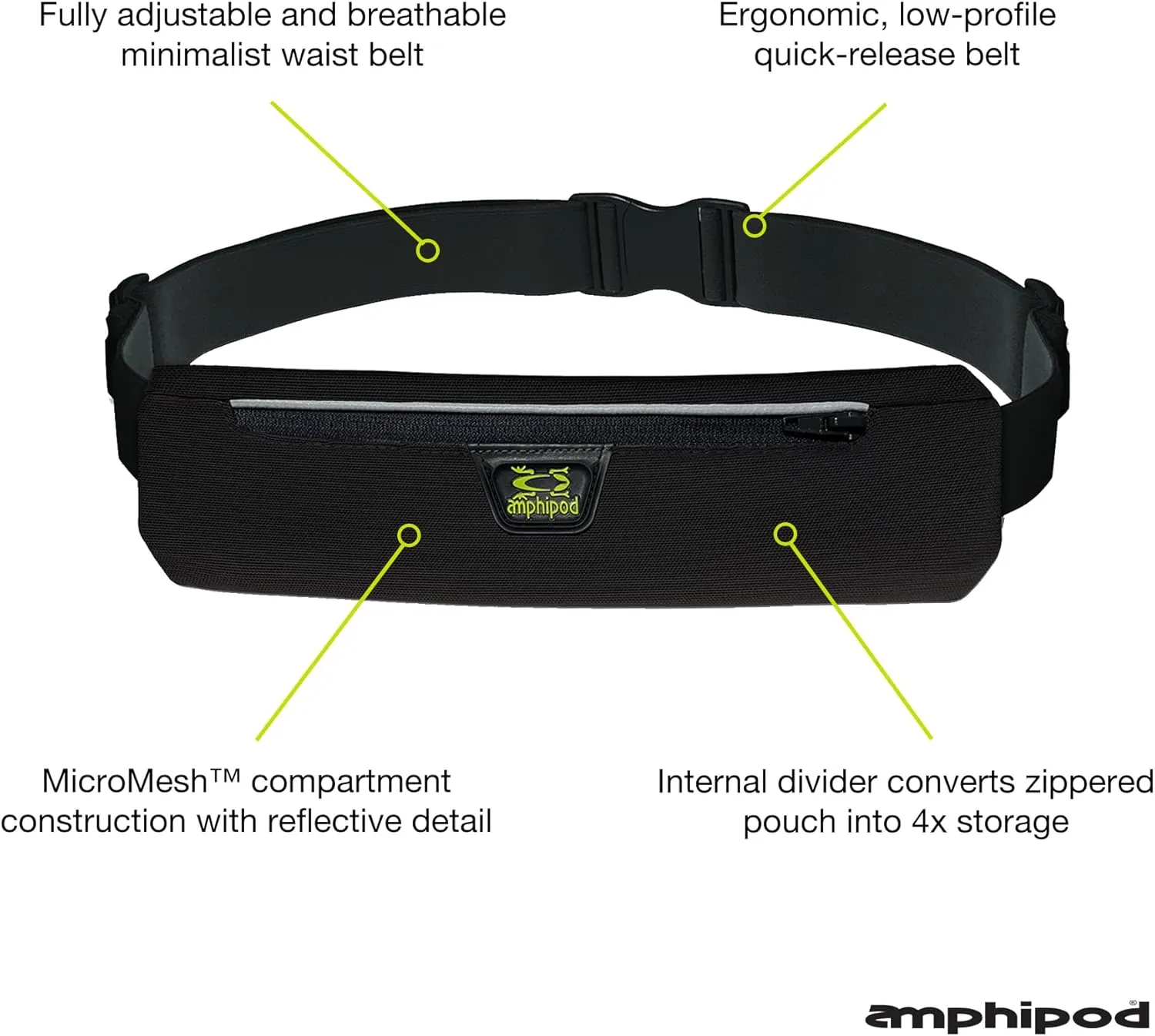 Amphipod AirFlow MicroStretch Plus Belt, Ultra-Light Minimalist Runners Waist Pack Bag for Running & Walking, Men & Women - Black/Silver - XL