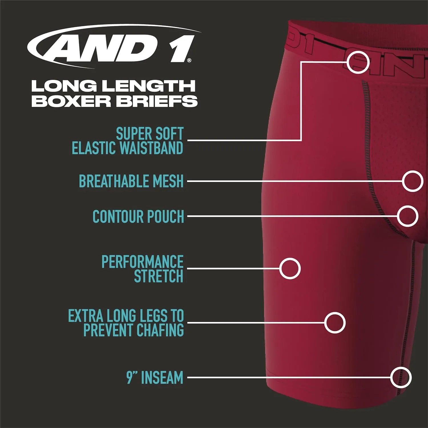 AND1 Mens Boxer Briefs - 5 Pack Performance Stretch Mens Underwear Long Leg Boxers for Men with Contour Pouch (Sizes: S-3XL)
