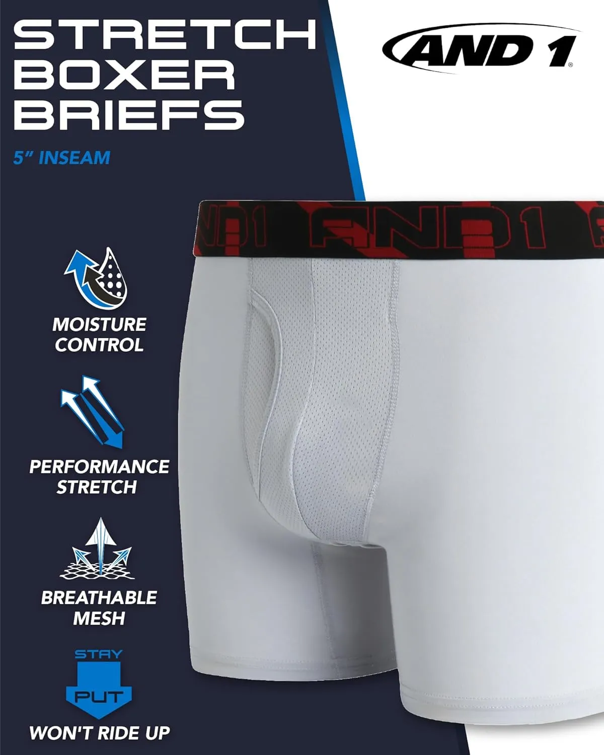 AND1 Mens Boxer Briefs -6 Pack Stretch Compression Underwear with Mesh Contour Pouch -Supportive Fit for Everyday Wear(S-3XL)
