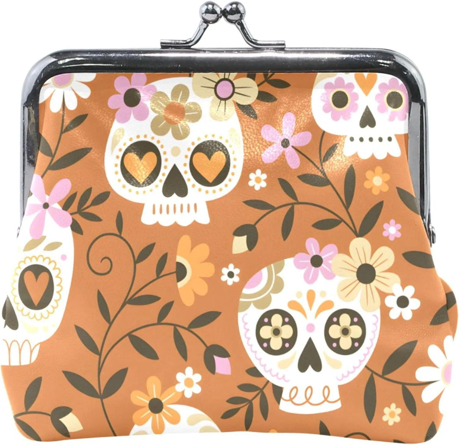 Animal Print Women's Coin Purses & Pouches Kiss Lock Sugar Skulls Flowers Orange Card Change Holder for Coins