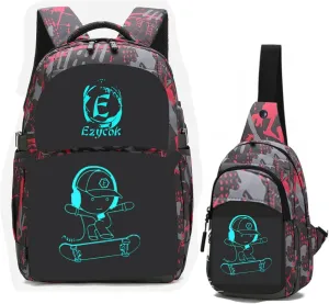 Anime Luminous School Backpack with USB Charging Port, Anti Theft Lock, Sling Bag & Pencil Case for Teen Boys and Girls, Lightweight Laptop Backpack College Bookbag