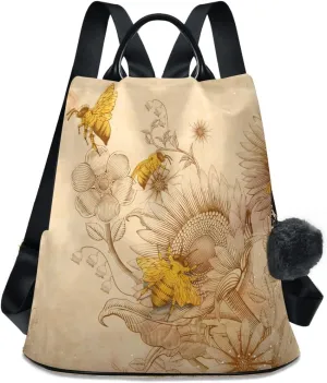 Anti Theft Backpack Retro Honey Bees Sunflowers Women Large Fashion Travel Shoulder Bag Purse Rucksack Lightweight