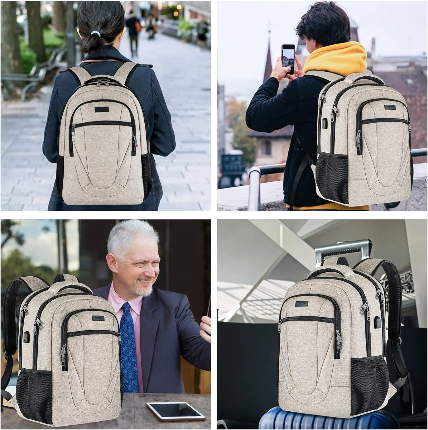 Backpack for Women and Men, Extra Large School Backpacks for Teens, Water Resistant Back Pack with USB Charging Port Fits 17 Inch Laptop, Business Anti Theft Sturdy Computer Bag Gifts, Beige