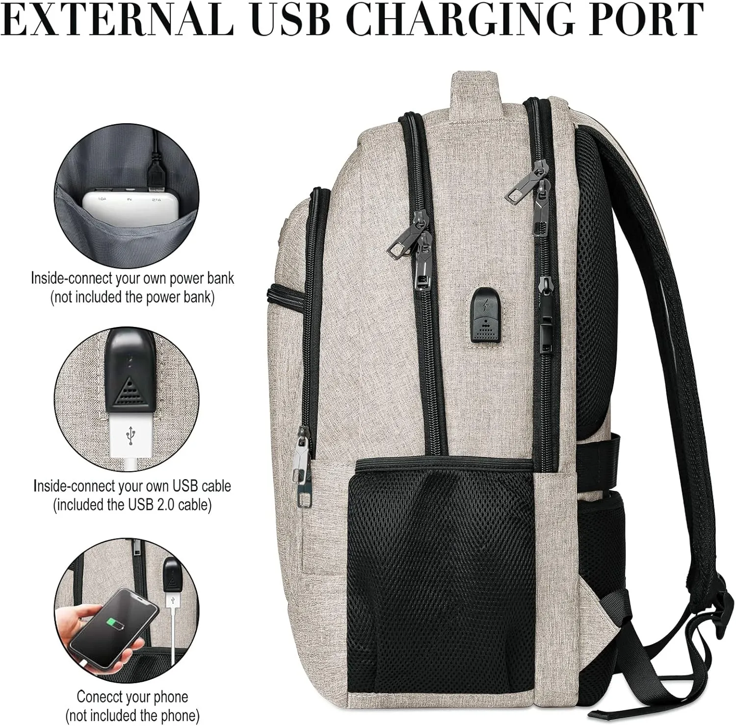 Backpack for Women and Men, Extra Large School Backpacks for Teens, Water Resistant Back Pack with USB Charging Port Fits 17 Inch Laptop, Business Anti Theft Sturdy Computer Bag Gifts, Beige
