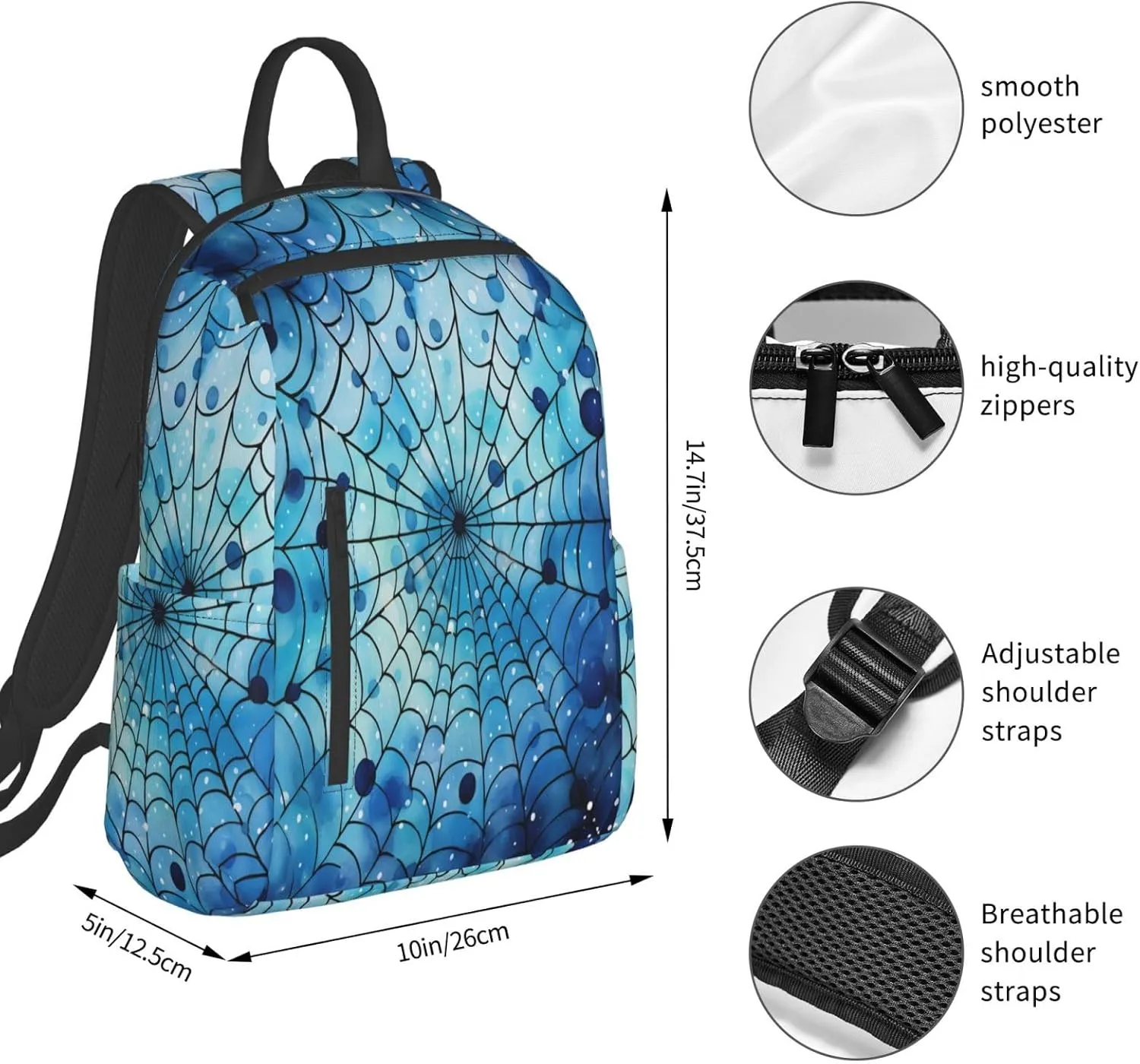 Backpack For Women Men Spider Web Blue Polka Dots Bookbag Lightweight Travel Casual Daypack Water Resistant Outdoor Hiking Sport Rucksack