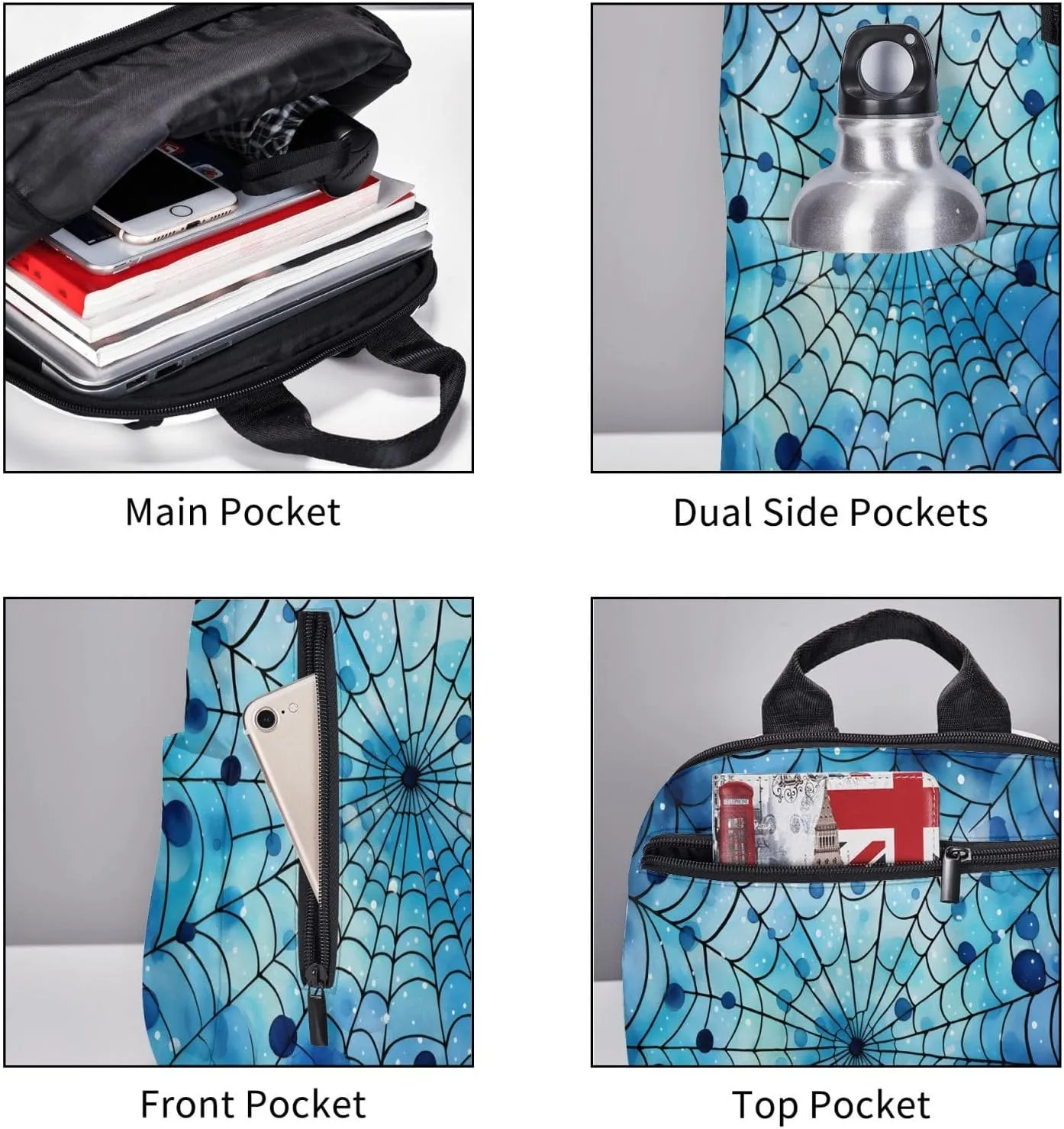 Backpack For Women Men Spider Web Blue Polka Dots Bookbag Lightweight Travel Casual Daypack Water Resistant Outdoor Hiking Sport Rucksack