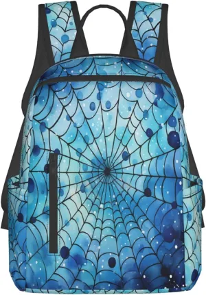 Backpack For Women Men Spider Web Blue Polka Dots Bookbag Lightweight Travel Casual Daypack Water Resistant Outdoor Hiking Sport Rucksack