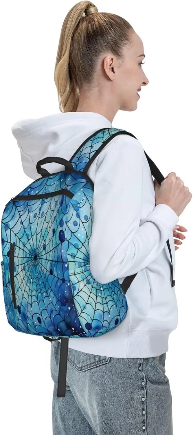 Backpack For Women Men Spider Web Blue Polka Dots Bookbag Lightweight Travel Casual Daypack Water Resistant Outdoor Hiking Sport Rucksack