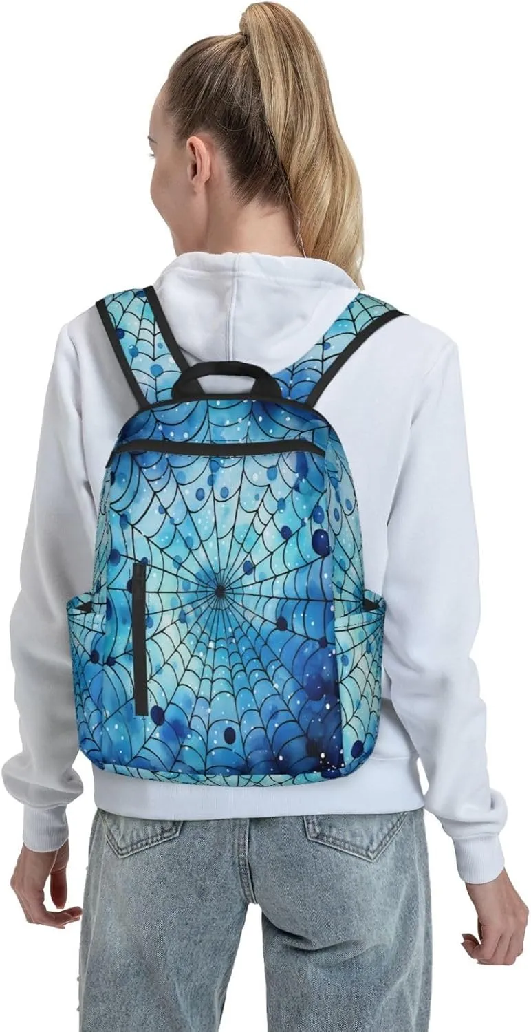 Backpack For Women Men Spider Web Blue Polka Dots Bookbag Lightweight Travel Casual Daypack Water Resistant Outdoor Hiking Sport Rucksack