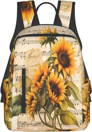 Backpack For Women Men Vintage Music Stave Sunflowers Bookbag Lightweight Travel Casual Daypack Water Resistant Outdoor Hiking Sport Rucksack