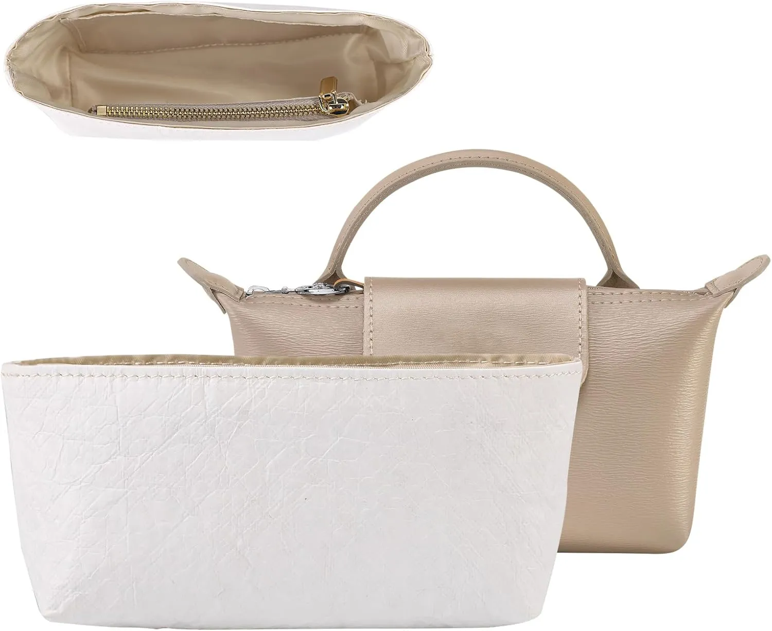 Bag Organizer for Mini Bag, White Bag Insert Organizer Storage Pouches Liner Inner Lining for Handbags, with Zipper without Falling Out