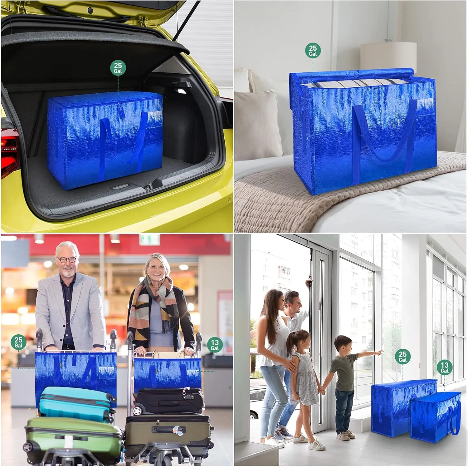 BALEINE 13 Gallon Moving Totes with Reinforced Handles, Heavy-Duty UnderBed Storage Bag for Moving Boxes, Clothes, Travel (8 Pack, Blue)