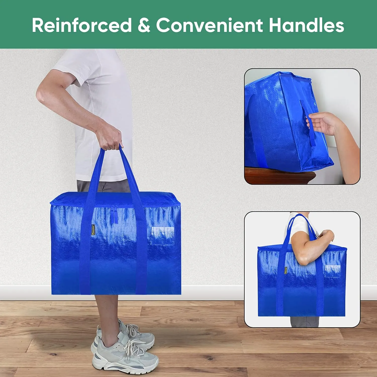 BALEINE 13 Gallon Moving Totes with Reinforced Handles, Heavy-Duty UnderBed Storage Bag for Moving Boxes, Clothes, Travel (8 Pack, Blue)