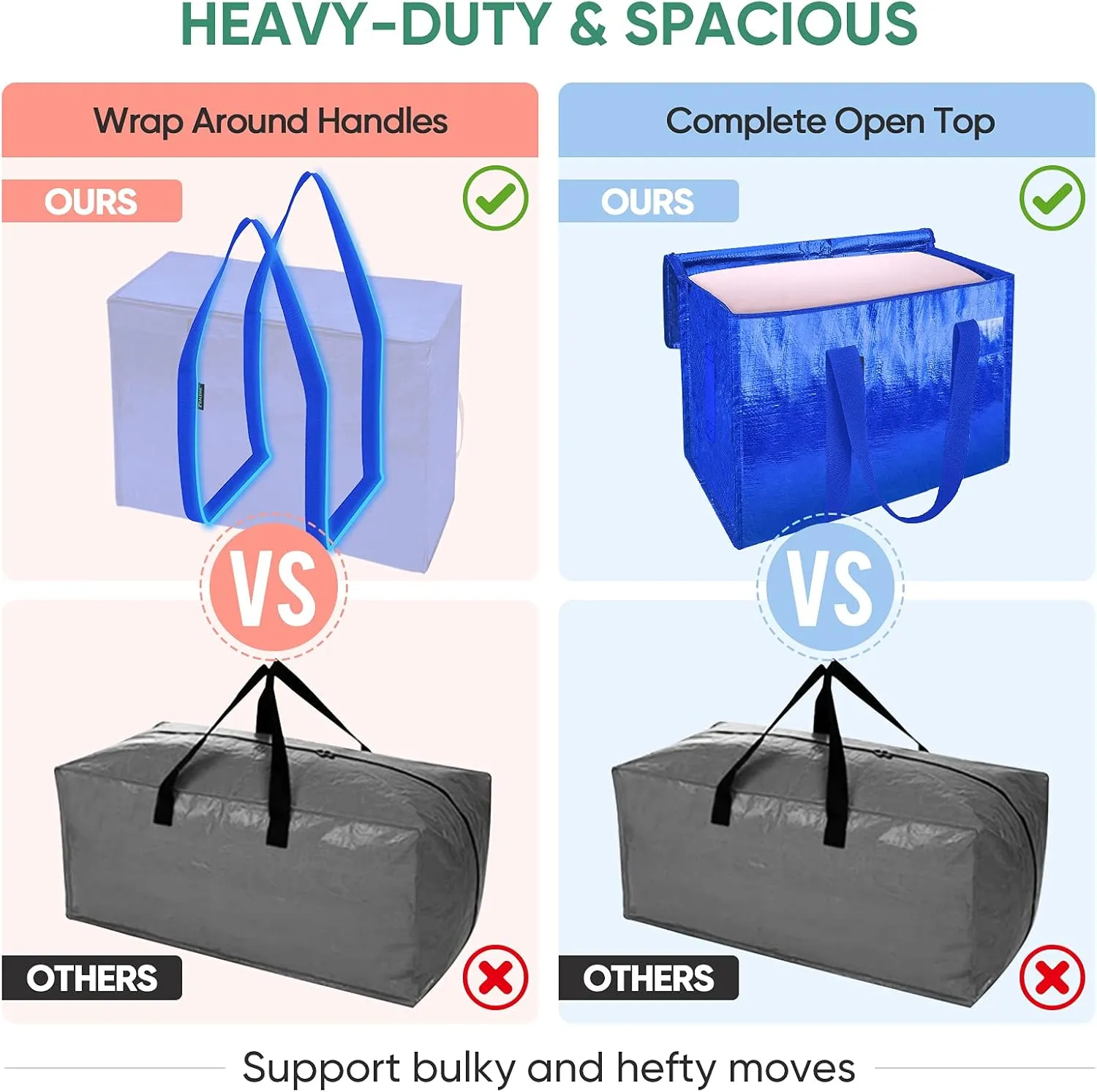 BALEINE 13 Gallon Moving Totes with Reinforced Handles, Heavy-Duty UnderBed Storage Bag for Moving Boxes, Clothes, Travel (8 Pack, Blue)