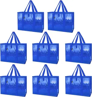 BALEINE 13 Gallon Moving Totes with Reinforced Handles, Heavy-Duty UnderBed Storage Bag for Moving Boxes, Clothes, Travel (8 Pack, Blue)