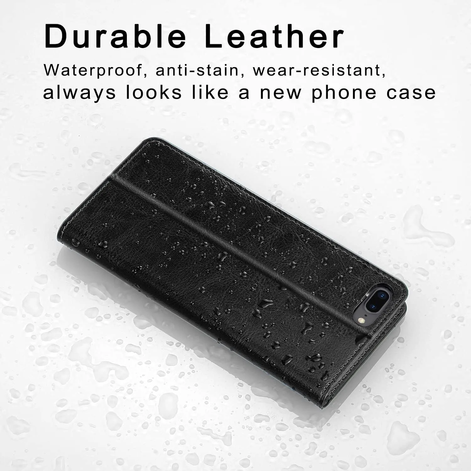Belemay Compatible with iPhone 8 Plus Wallet Case, Genuine Cowhide Leather Flip Case Folio Cover [Soft TPU Inner Case] Card Holder Slots, Kickstand, Cash Pockets Compatible with iPhone 8 Plus, Black