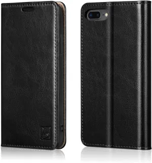 Belemay Compatible with iPhone 8 Plus Wallet Case, Genuine Cowhide Leather Flip Case Folio Cover [Soft TPU Inner Case] Card Holder Slots, Kickstand, Cash Pockets Compatible with iPhone 8 Plus, Black