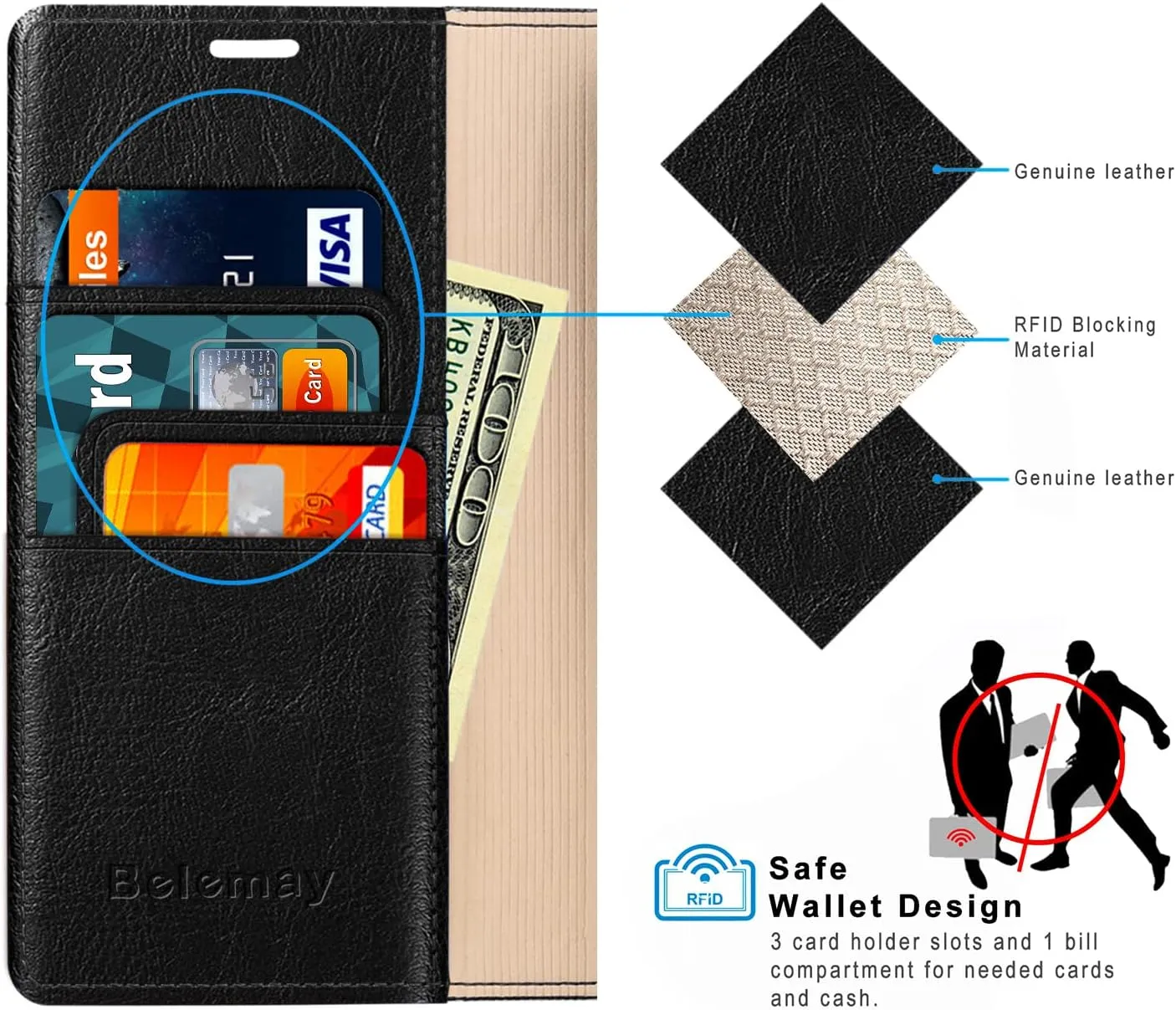 Belemay Compatible with iPhone 8 Plus Wallet Case, Genuine Cowhide Leather Flip Case Folio Cover [Soft TPU Inner Case] Card Holder Slots, Kickstand, Cash Pockets Compatible with iPhone 8 Plus, Black