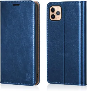 Belemay iPhone 11 Pro Wallet Case, Folio Book Flip Cover, Genuine Cowhide Leather, Kickstand, Cash Pockets (5.8-inch), Blue