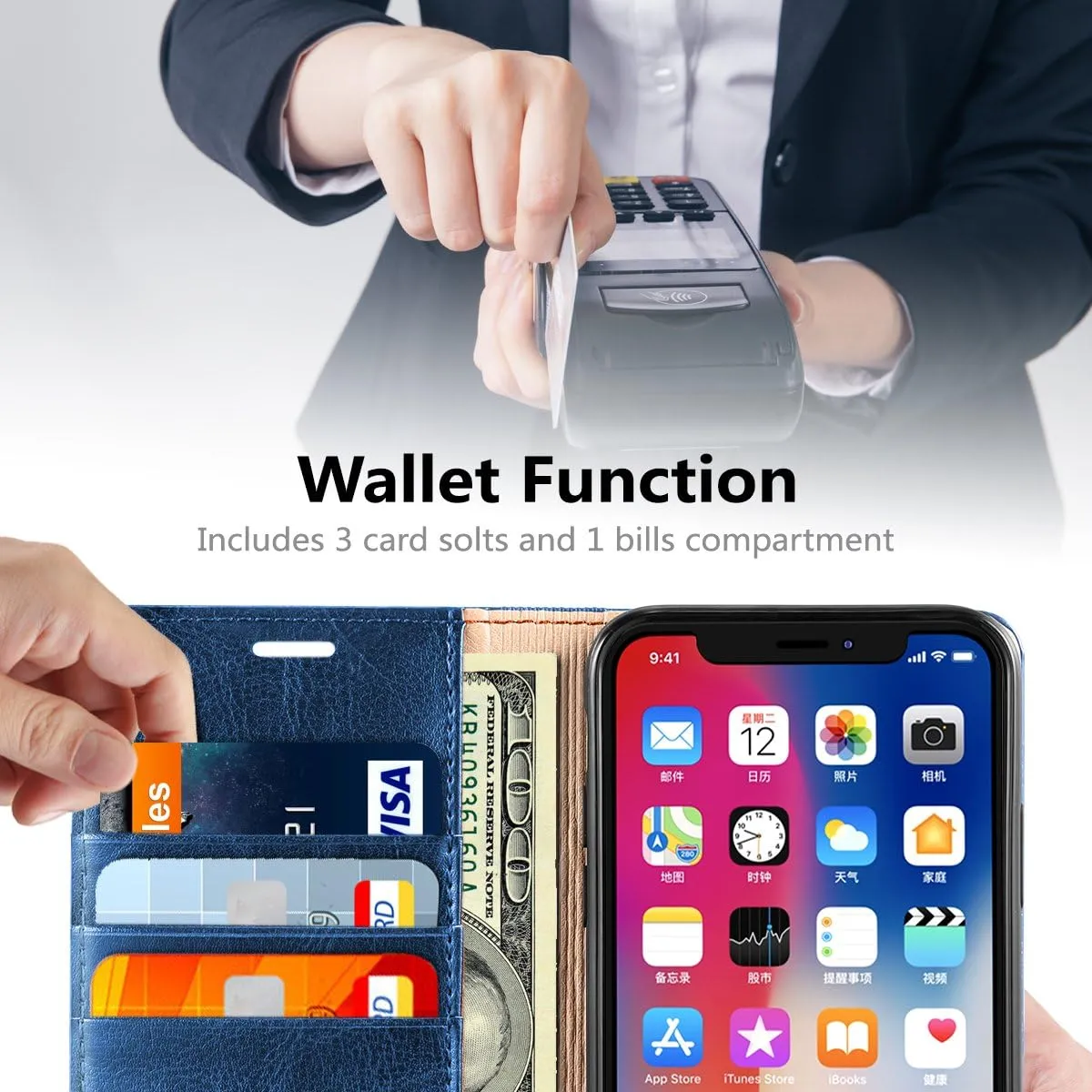 Belemay iPhone 11 Pro Wallet Case, Folio Book Flip Cover, Genuine Cowhide Leather, Kickstand, Cash Pockets (5.8-inch), Blue