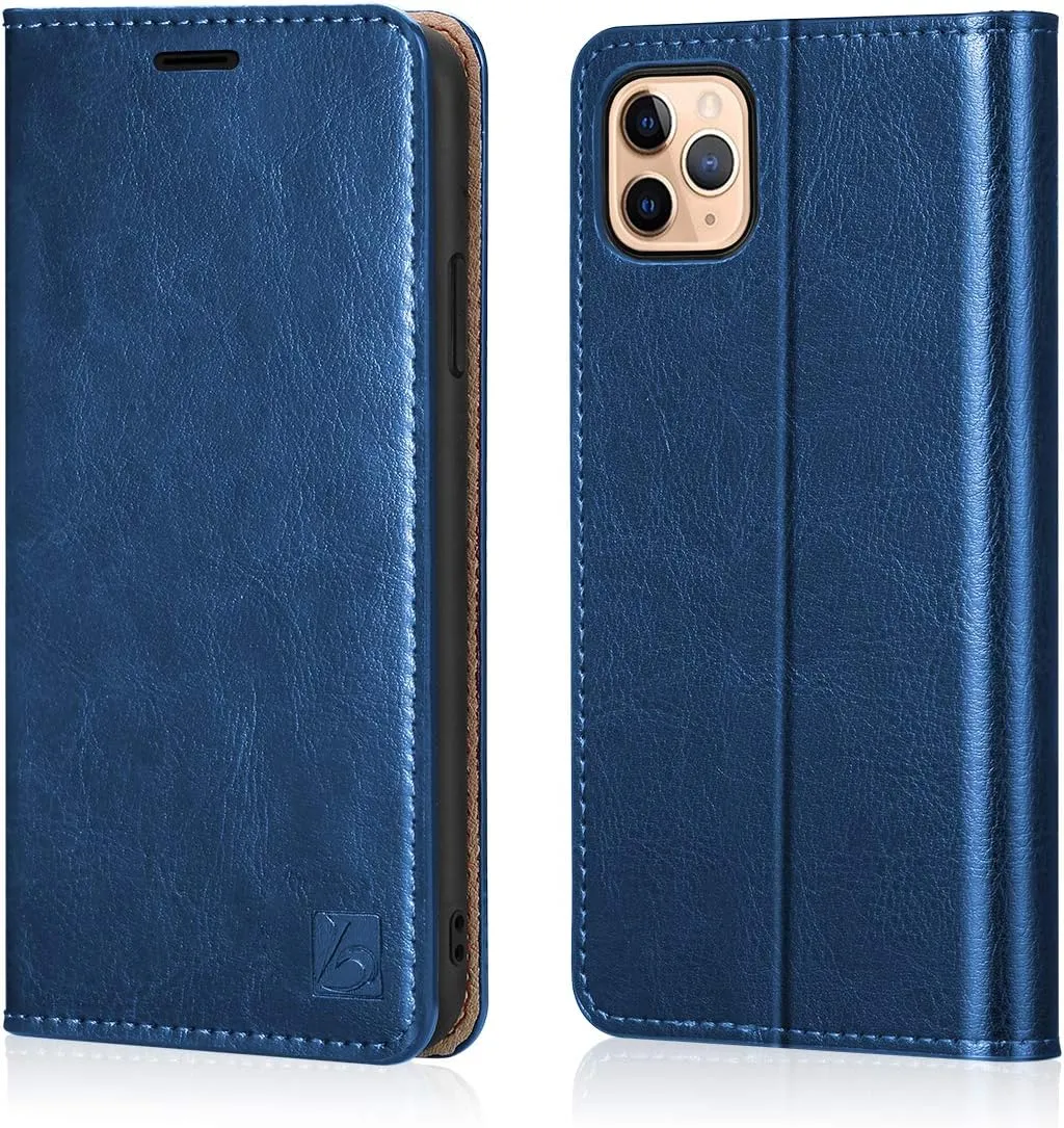 Belemay iPhone 11 Pro Wallet Case, Folio Book Flip Cover, Genuine Cowhide Leather, Kickstand, Cash Pockets (5.8-inch), Blue