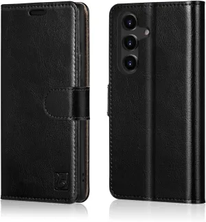 Belemay Wallet Case for Samsung Galaxy S25, Durable Genuine Leather [Scratch Resistant] RFID Blocking Card Holders, Shockproof TPU Shell, Kickstand, Protective Flip Folding Cover 6.2", Black
