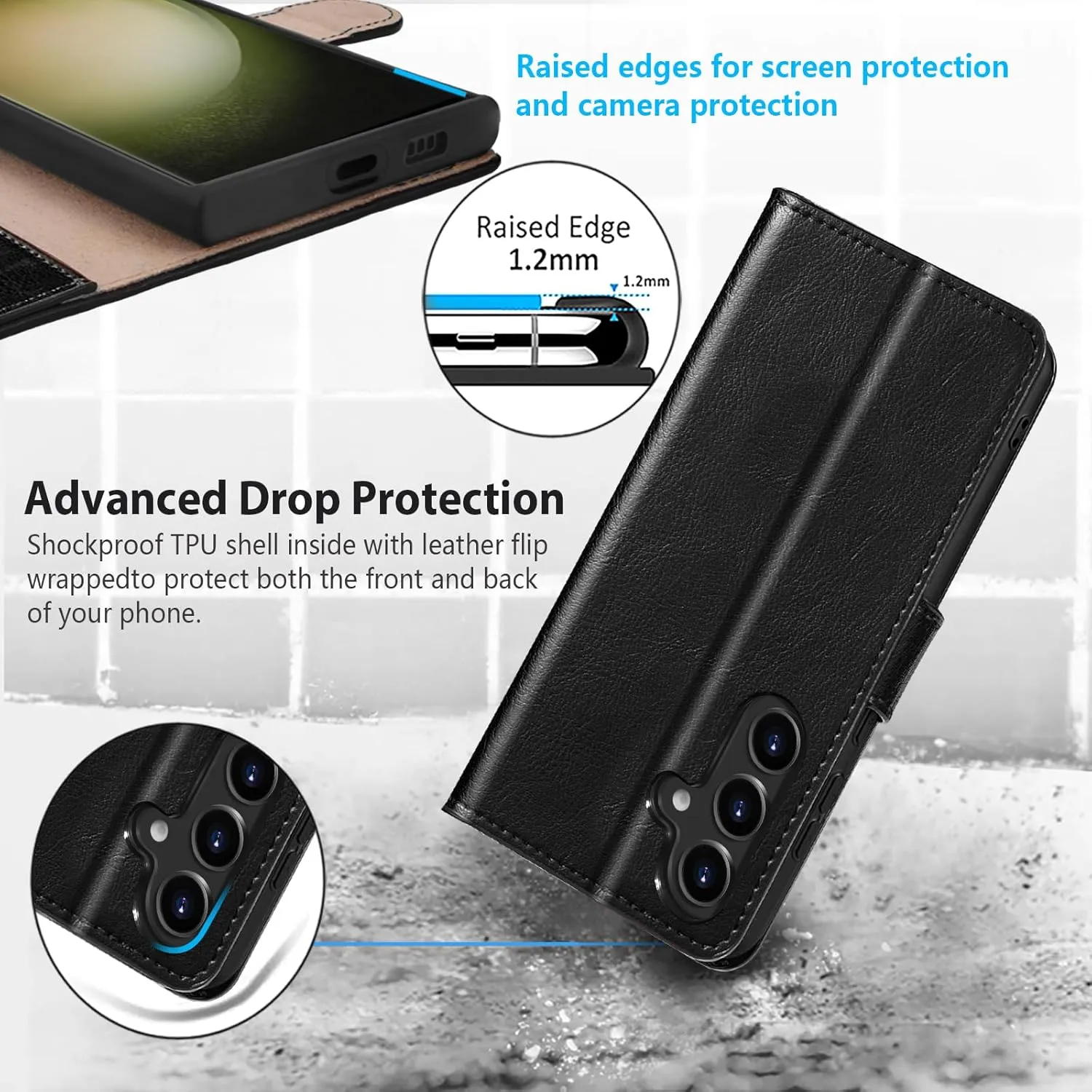 Belemay Wallet Case for Samsung Galaxy S25, Durable Genuine Leather [Scratch Resistant] RFID Blocking Card Holders, Shockproof TPU Shell, Kickstand, Protective Flip Folding Cover 6.2", Black