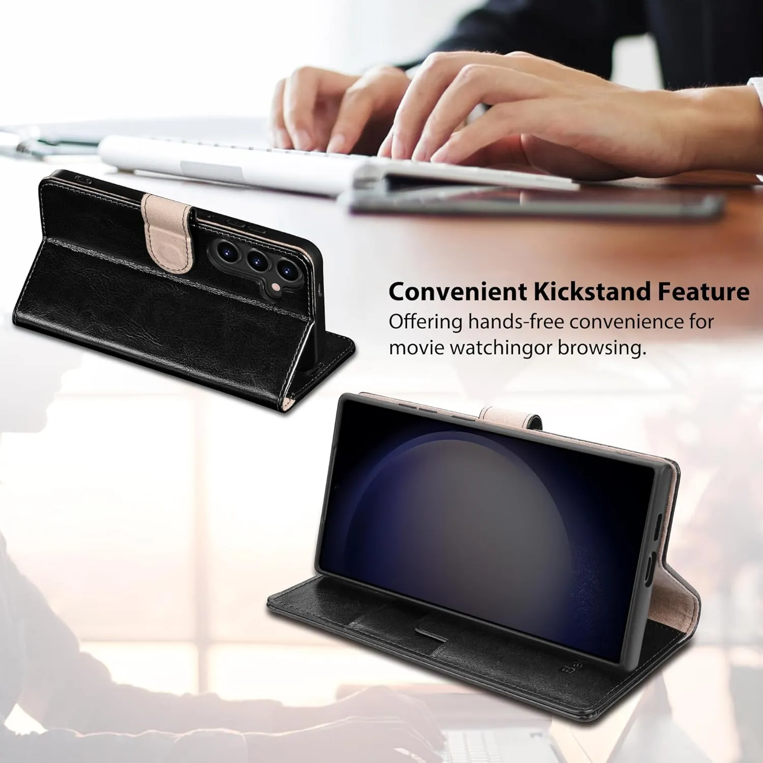 Belemay Wallet Case for Samsung Galaxy S25, Durable Genuine Leather [Scratch Resistant] RFID Blocking Card Holders, Shockproof TPU Shell, Kickstand, Protective Flip Folding Cover 6.2", Black