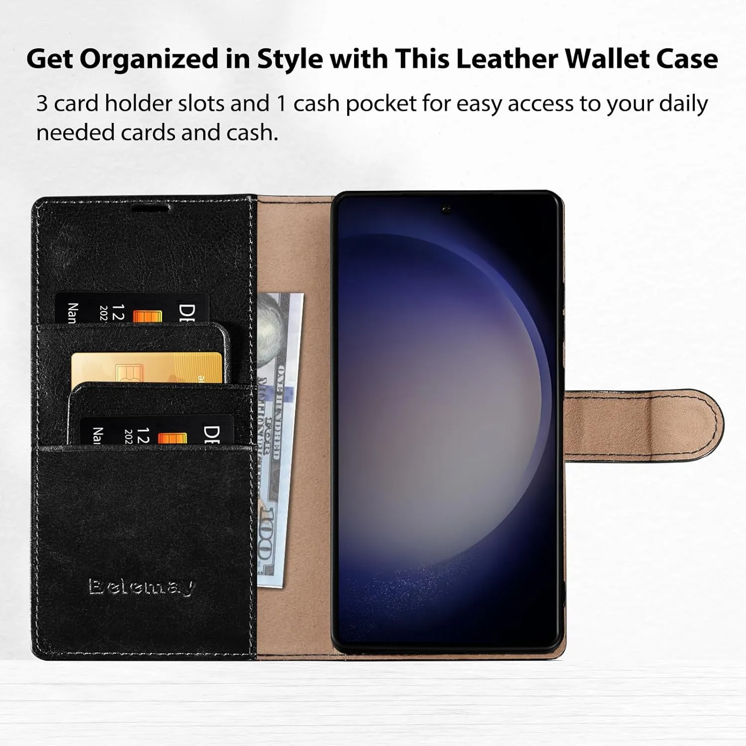 Belemay Wallet Case for Samsung Galaxy S25, Durable Genuine Leather [Scratch Resistant] RFID Blocking Card Holders, Shockproof TPU Shell, Kickstand, Protective Flip Folding Cover 6.2", Black